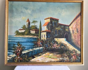 Vintage Ölgemälde Blaue Landschaft Roche Rochelle – Landschaft Landschaftsbild