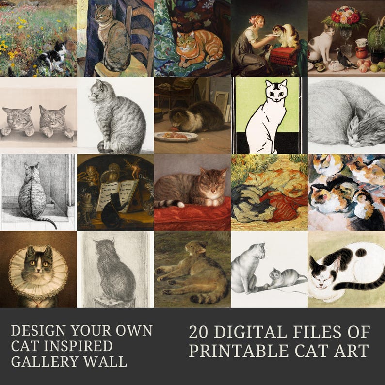 K&ouml;nnte beinhalten: Eine Collage aus 20 digitalen, druckbaren Katzenkunstbildern. Die Bilder zeigen Katzen in verschiedenen Posen und Umgebungen, darunter eine Katze, die auf einem roten Kissen schl&auml;ft, eine Katze, die auf einem Stuhl sitzt, und eine Katze, die aus einem Fenster schaut. Die Bilder sind in verschiedenen Stilen gehalten, darunter realistisch, cartoonartig und abstrakt.