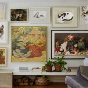 K&ouml;nnte beinhalten: Eine Galeriewand mit verschiedenen gerahmten Kunstwerken, die Katzen zeigen. Die Kunstwerke umfassen ein Gem&auml;lde eines schlafenden Katers, eine Schwarzwei&szlig;illustration eines Katers und ein Gem&auml;lde eines Katers mit einem Blumenstrau&szlig;. Die Galeriewand ist mit Pflanzen und einem Regal mit B&uuml;chern dekoriert.