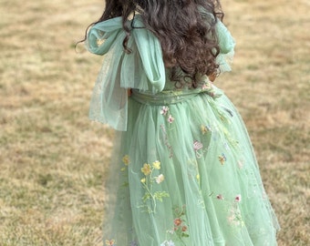 Fairy Princess Dress Green Embroidered, Birthday, Smashcake, Tinkerbell, Birthday, Photoshoot, Fairy, Butterfly Tiana, Easter, Flowergirl
