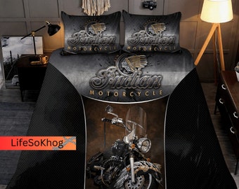 Indian Motorcycle Bedding, Indian Motorcycle Duvet Cover, Motorcycle Racing Bed Set, Biker Duvet Set, Motocross Bedding Set