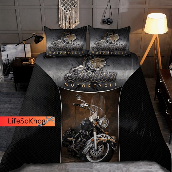 Indian Motorcycle Bedding, Indian Motorcycle Duvet Cover, Motorcycle Racing Bed Set, Biker Duvet Set, Motocross Bedding Set