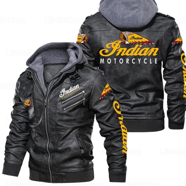 Blouson moto en cuir In.dian, Blouson homme In.dian, Blouson moto, Blouson en cuir pour homme, Blouson racing à fermeture éclair, Blousons motard