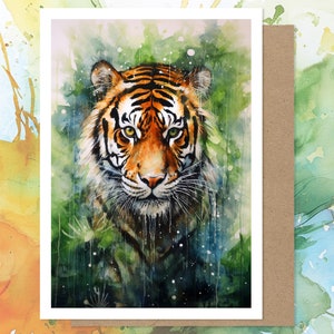 Carte de vœux à l’aquarelle de tigre, carte d’animal de la jungle sauvage, faune de safari peinte, cartes de vœux de gros chat, intérieur vierge