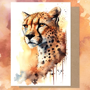 Aquarelle carte de voeux guépard, carte d'art animalier portrait sauvage, faune africaine, carte de voeux grand félin, blanc à l'intérieur