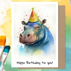 Carte de joyeux anniversaire hippopotame, voeux d'hippopotame mignon, fête des animaux mignons, carte de fête des animaux, art de l'illustration aquarelle