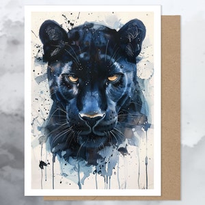 Carte de voeux aquarelle panthère noire, art grand chat noir, animaux sauvages de la jungle, art animalier de zoo, carte toutes occasions, blanc à l'intérieur
