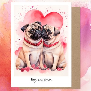 Carte de vœux aquarelle Pug Love, carte de vœux pour chien mignon, carte de chien vierge drôle, carlins et bisous