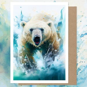 Carte de voeux aquarelle ours polaire, carte d'art animalier, carte de voeux animalier ours, toutes les occasions, cadeau ours arctique, blanc à l'intérieur