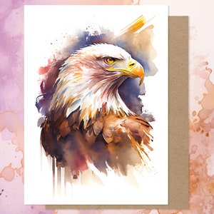Aquarelle carte de voeux pygargue à tête blanche, carte aigle américain, impression d'art aigle, carte oiseau de proie, jour de l'indépendance