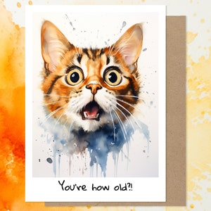 Funny Cat Watercolor Birthday Greeting Card, Cat Lover Birthday Gift for Boyfriend, Girlfriend, Husband, Wife