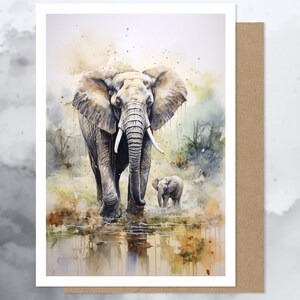 Carte de vœux éléphants, carte d’animaux de la jungle, faune safari peinte, intérieur vierge, parfait pour toute occasion, art d’illustration à l’aquarelle
