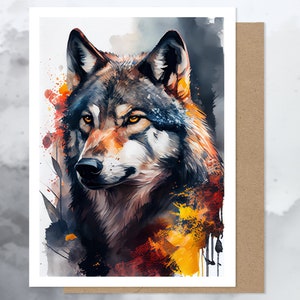 Carte de voeux aquarelle de loup, carte d'art animalier de portrait sauvage, faune de la forêt, illustration de loup inspirée de la nature, blanc à l'intérieur