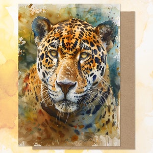 Carte de voeux aquarelle Jaguar, carte animal de la jungle sauvage, faune de la forêt amazonienne, carte de voeux grand félin, inspirée de la nature, intérieur vierge,