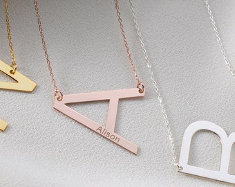 Sideways Initial Necklace, Large initial Necklace, Big Initial Alexis Necklace, Large Initial Sideways, Big Letter Engraved Name Necklace