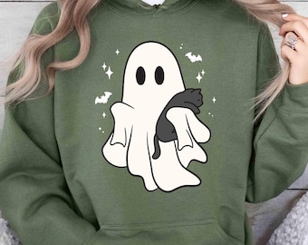 Cute Ghost Hoodie, Black Cat Hoodie, Spooky Season Hoodie, Pumpkin Hoodie,Halloween Hoodie For Women,Fall Gifts,Autumn Hoodie,Cute Black Cat
