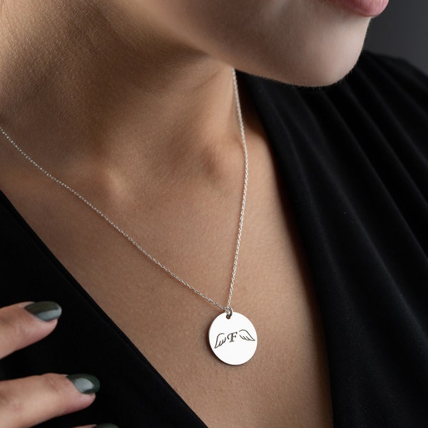 Angel Wing Disc Necklace, Angel Wings Initial Necklace, Infant Loss Necklace, Anniversary Gift Necklace, Personalized Disc Initial Necklace