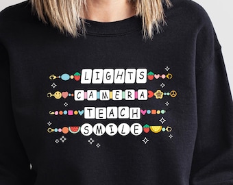 Lights Camera Teach Smile Sweatshirt, Teacher Groovy Sweatt, Back To School Sweater, First Day of School Teacher, Teacher Appreciation Sweat