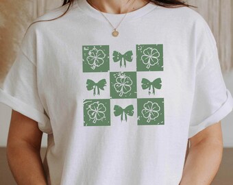 Checkered St Patrick's Day TShirt,Retro Lucky Shamrock Shirt,Lucky Charm Shirt,St Patricks Coquette Shirt,Irish Shirt,Coquette St Pattys Day