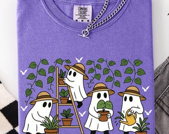 Comfort Colors Halloween Plant Ghost T-Shirt, Halloween Gardening Shirt, Ghost Plant Lady Tshirt, Plant Lover Shirt, Halloween Garden Tee