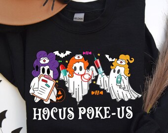 Hocus Poke-us Sweatshirt, Witch Nurse Halloween Sweat, Medical Halloween Sweat, Cute Ghost Nurse, Spooky Season Sweat,Womens Halloween Sweat