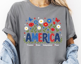 Patriotic Floral USA Shirt, Vintage American Flag Tee, Fourth of July Shirt, Retro Freedom Flower Graphic Comfort Color Shirt