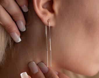 Sterling Silver Minimalist Long Ear Threader, Gold Dangling Earring, Delicate Box Chain Earring, Threader Earrings, Chain Threader Earrings