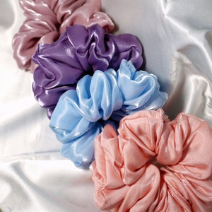 Puffy satin shimmering pastel scrunchies (blue/pink/purple/mauve)