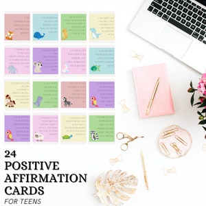 Tienerbevestigingskaarten, motiverende kaarten, tienerpositiviteit, yoga, Montessori Flashcards, geestelijke gezondheid van tieners, zelfzorg, vertrouwen
