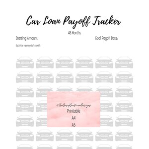 Può includere: Un tracker di rimborso del prestito auto stampabile con una griglia di 48 icone di auto. Il tracker è progettato per aiutarti a visualizzare i tuoi progressi verso il rimborso del tuo prestito auto. Il testo "Car Loan Payoff Tracker" è nella parte superiore della pagina. Il testo "48 Months" è sotto il titolo. Il testo "Starting Amount" è sul lato sinistro della pagina. Il testo "Goal Payoff Date" è sul lato destro della pagina. Il testo "Each Car represents 1 month" è sotto il testo "Starting Amount". Il testo "@TheBusyBeeMomDesigns Printable A4 A5" è in una casella rosa al centro della pagina.