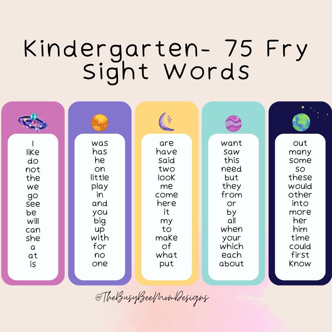 Kindergarten Fry Sight Words Printable Bookmarks Etsy