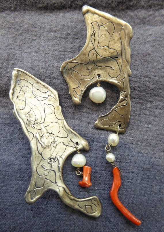 Silver coral pearl earrings - antique