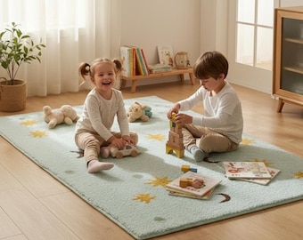 Hand-tufted Wool Celestial Kids Rug, Moon Stars Nursery Play Mat