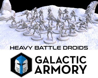 Peut inclure: Plusieurs figurines grises de Heavy Battle Droids, posées sur un terrain enneigé. Les figurines sont armées de diverses armes. L'image comprend le texte "HEAVY BATTLE DROID" et le logo Galactic Armory.