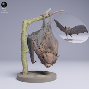 May include: A detailed, hand-painted miniature of a brown bat hanging upside down from a branch. The bat has a textured, furry body and large, pointed ears. The miniature is on a circular base.