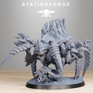 May include: A detailed, gray, 3D printed miniature of a monstrous, multi-legged creature with sharp claws and a menacing grin. The creature has a spiky, segmented body and multiple appendages, including a pair of large, curved claws. The miniature is set on a circular base.