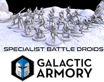 Peut inclure: Un ensemble de 18 figurines miniatures en plastique gris de droïdes de combat spécialisés, un type de droïde utilisé par l'Alliance Séparatiste dans l'univers Star Wars. Les figurines sont posées dans diverses positions de combat, tenant des armes telles que des blasters et des fusils. Les figurines sont exposées sur une surface blanche avec le texte "SPECIALIST BATTLE Droids" et "GALACTIC ARMORY" en dessous.