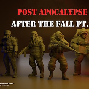 May include: Four miniature figures of soldiers wearing gas masks and carrying weapons. The figures are posed in a combat stance. The background is a blurry image of a sunset. The text "POST APOCALYPSE AFTER THE FALL PT.3" is displayed above the figures.