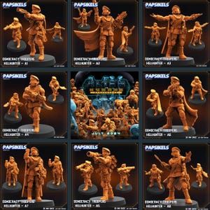 May include: A set of eight 25mm scale miniature figures of soldiers in orange plastic. The figures are posed in various action stances and are holding weapons. The figures are labeled "Democracy Troopers Hellhunter" and are numbered A1 through A8. The figures are part of a game called "Alien Humans Resistance".