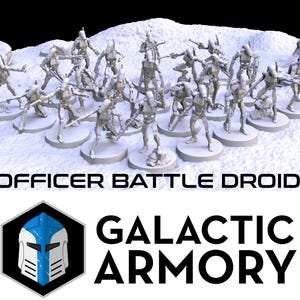 May include: A set of 18 gray plastic miniature figures of Star Wars Battle Droid officers. The figures are posed in various battle stances and are standing on round bases. The figures are part of a Galactic Armory collection.