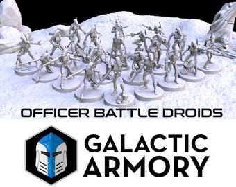 Peut inclure: Un ensemble de 18 figurines miniatures en plastique gris d'officiers de droïdes de combat Star Wars. Les figurines sont posées dans différentes positions de combat et sont debout sur des socles ronds. Les figurines font partie d'une collection Galactic Armory.