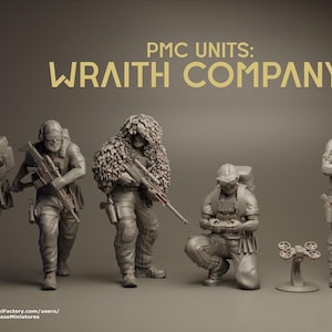 May include: Five unpainted plastic miniature figures of soldiers in various poses, holding weapons. The figures are part of a set called "Wraith Company" and are designed for tabletop wargaming.