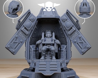 Könnte beinhalten: Ein 3D-gedrucktes Modell eines futuristischen Stuhls in Grau mit einem Totenkopfsymbol oben. Der Stuhl ist geöffnet und eine Figur sitzt darin. Der Stuhl steht auf einem Sockel mit sechseckiger Form.