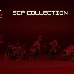 以下が含まれることがあります： 赤色の画像で、SCPフィギュアのコレクションを紹介しています。フィギュアは様々なモンスターのような生き物です。「SCP COLLECTION」の文字が白で表示されています。Turnbaseのロゴが左上にあります。