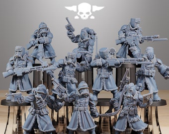 May include: A group of ten gray plastic miniature figures wearing winter coats and gas masks. The figures are holding various weapons and are posed in a variety of action poses. The figures are standing on a gray base. The figures are part of a set of miniatures for a tabletop wargame.