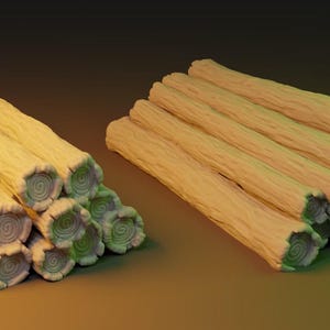 May include: Two separate bundles of light beige, textured cylindrical logs arranged in a stacked formation. Each log features a distinct, spiraled green pattern on the circular end, mimicking the appearance of wood grain and cross-sections.