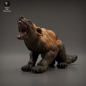 May include: A brown and tan miniature wolf figurine with an open mouth, revealing teeth and a pink interior. The figurine is in a roaring pose, with the text "ANIMAL DEN MINIATURES" in the upper left corner.