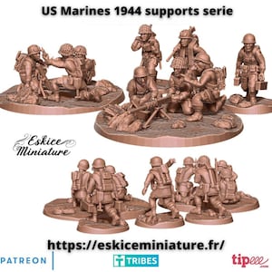 May include: A set of 3D printed miniature figures depicting US Marines in World War II. The figures are posed in various combat stances, holding weapons and equipment. The figures are painted in a realistic style, with details such as uniforms, helmets, and weapons.