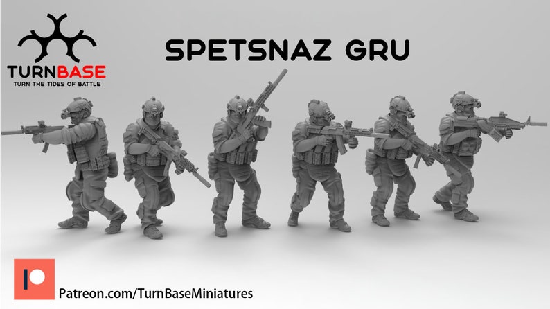 May include: Six gray plastic miniature figures of soldiers in tactical gear, holding rifles, with the text "SPETSNAZ GRU" above them.