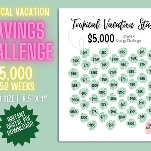 Vacation Savings Challenge | 5000 in 52 Weeks | Tropical | PDF Digital Download | Printable | Letter Size